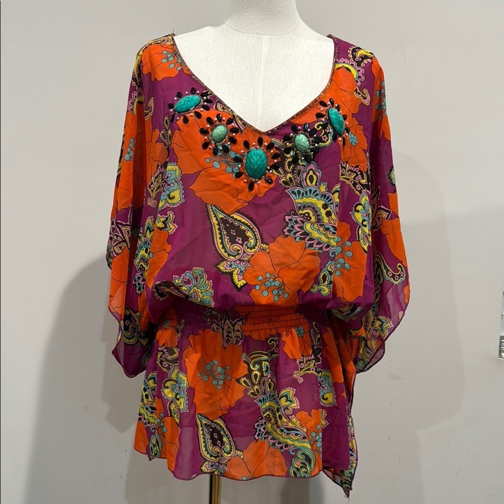 Victoria’s Secret Tunic Top Boho Paisley Floral BeadedNeckline Vintage Size XS